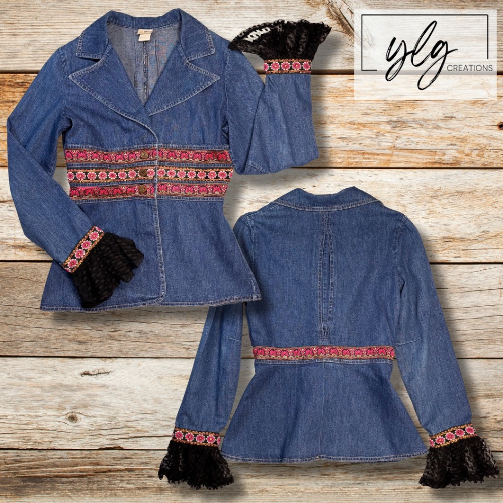 Feminine Boho Denim Jacket Vintage Romantic Glam Victorian Grunge Rocker Chic